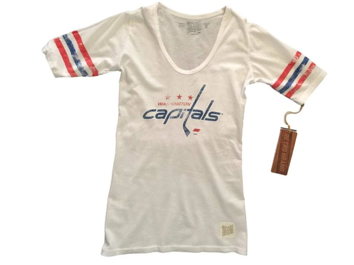 Washington Capitals Retro Brand WOMEN White Striped Quarter Sleeve T-Shirt