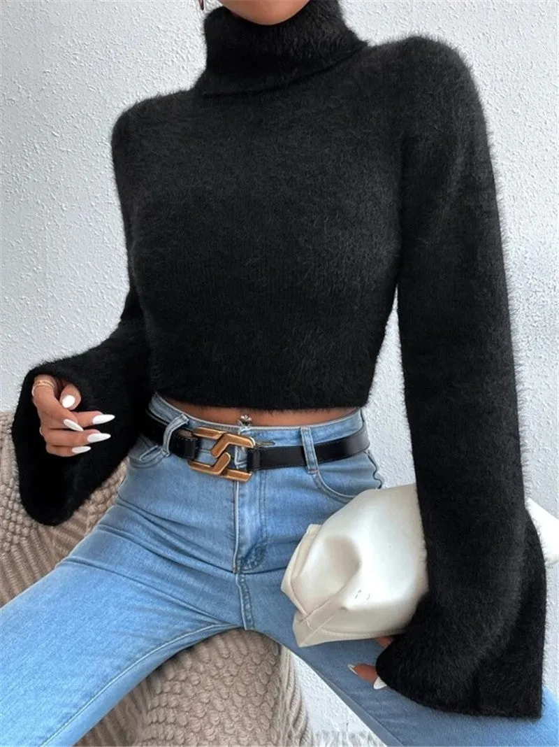 Wenkouban 90s streetwear Autumn and Winter New Turtleneck Short Exposed Navel Plush Sweater