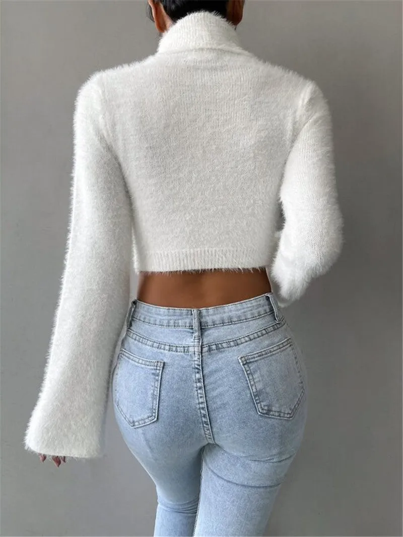 Wenkouban 90s streetwear Autumn and Winter New Turtleneck Short Exposed Navel Plush Sweater