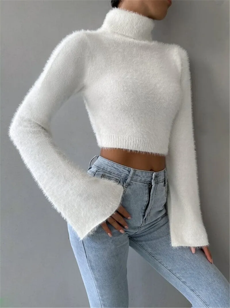 Wenkouban 90s streetwear Autumn and Winter New Turtleneck Short Exposed Navel Plush Sweater