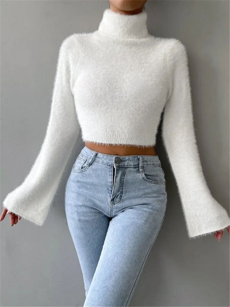 Wenkouban 90s streetwear Autumn and Winter New Turtleneck Short Exposed Navel Plush Sweater