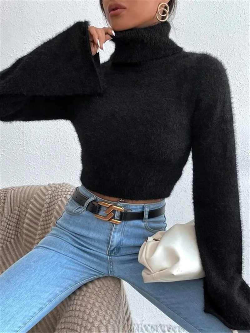 Wenkouban 90s streetwear Autumn and Winter New Turtleneck Short Exposed Navel Plush Sweater