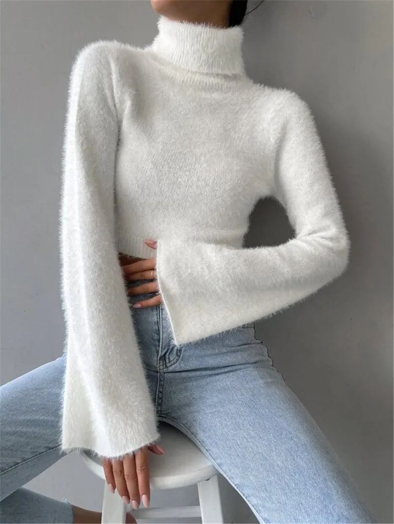 Wenkouban 90s streetwear Autumn and Winter New Turtleneck Short Exposed Navel Plush Sweater