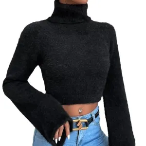 Wenkouban 90s streetwear Autumn and Winter New Turtleneck Short Exposed Navel Plush Sweater