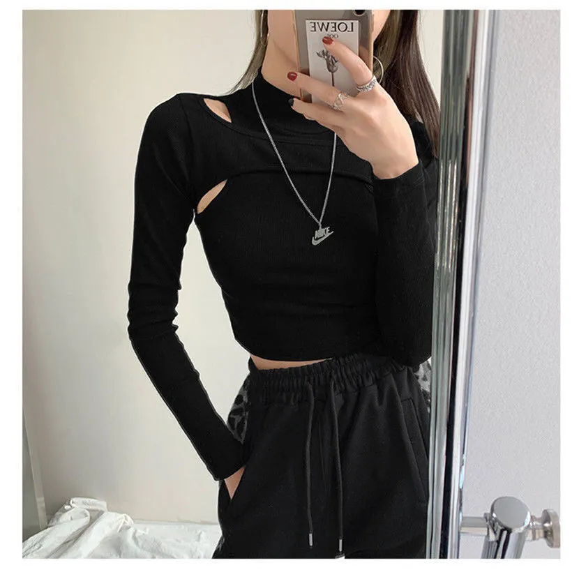 Wenkouban Fashion Trend Solid Color Fake Two-piece Skinny Stretch T-shirt Streetwear Half High Neck Long Sleeve Sexy Tops