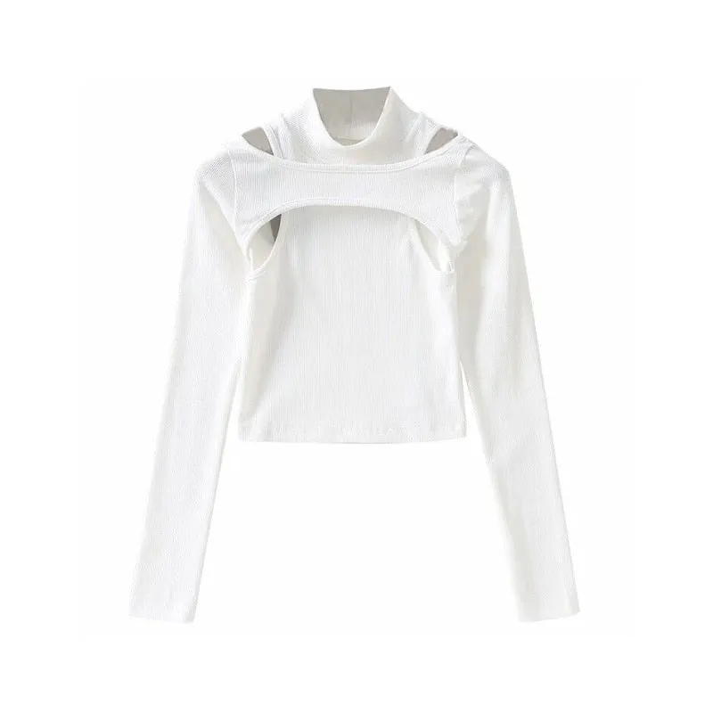 Wenkouban Fashion Trend Solid Color Fake Two-piece Skinny Stretch T-shirt Streetwear Half High Neck Long Sleeve Sexy Tops