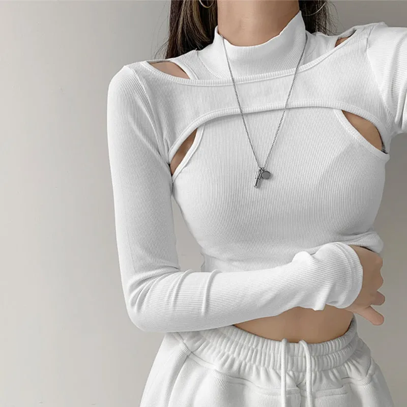 Wenkouban Fashion Trend Solid Color Fake Two-piece Skinny Stretch T-shirt Streetwear Half High Neck Long Sleeve Sexy Tops