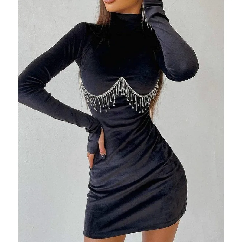 Wenkouban Graduation Gifts Elegant Tassel Mini Dress Women Velvet Bodycon Party Dresses Streetwear Lady Sexy Skinny Long Sleeve Dress Fashion