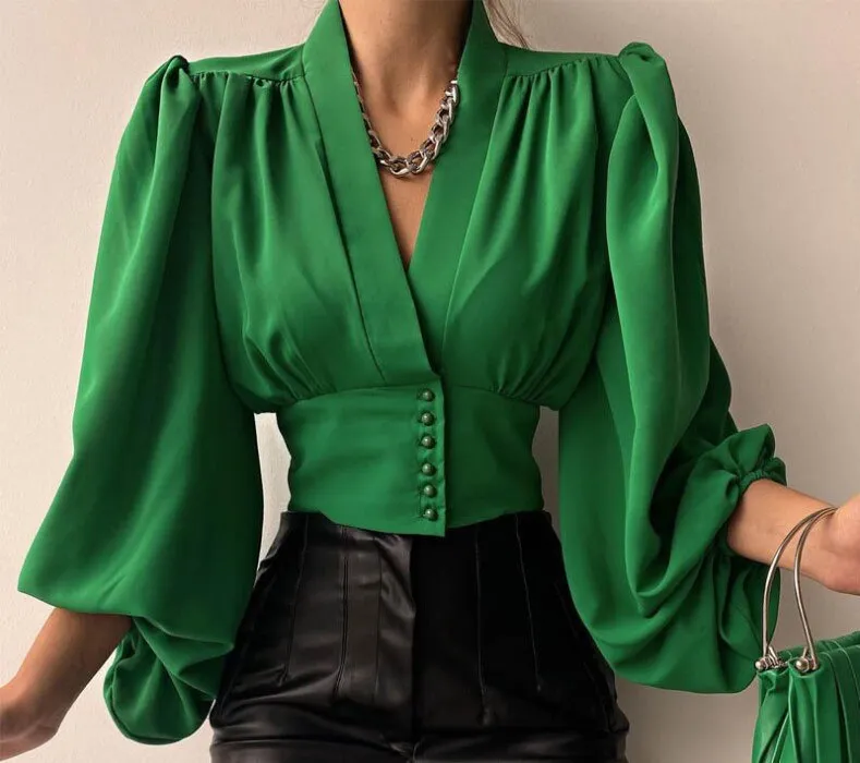 Wenkouban Sexy Keyhole Halter Long-Sleeved Blouse Elegant High Collar Ruffled Solid Shirt Streetwear Ladies Casual Top 2022 New Solid