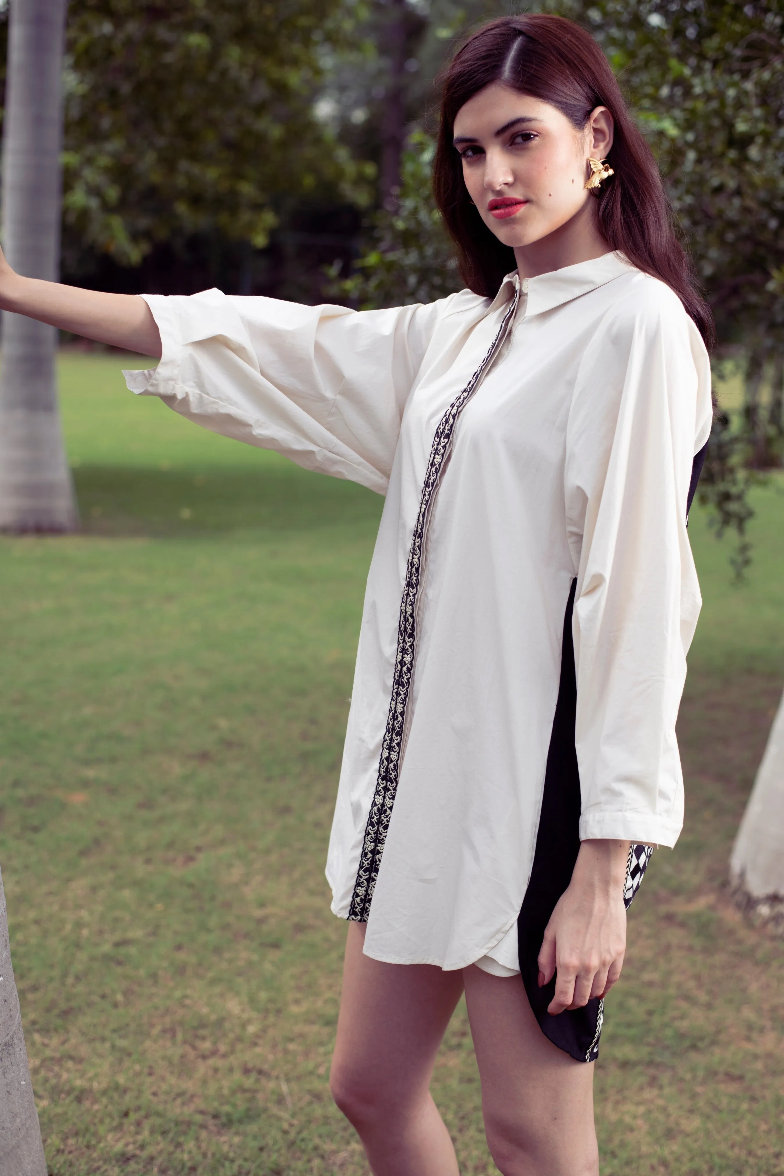 White Back Floral Embroidered 100% Cotton Shirt Dress