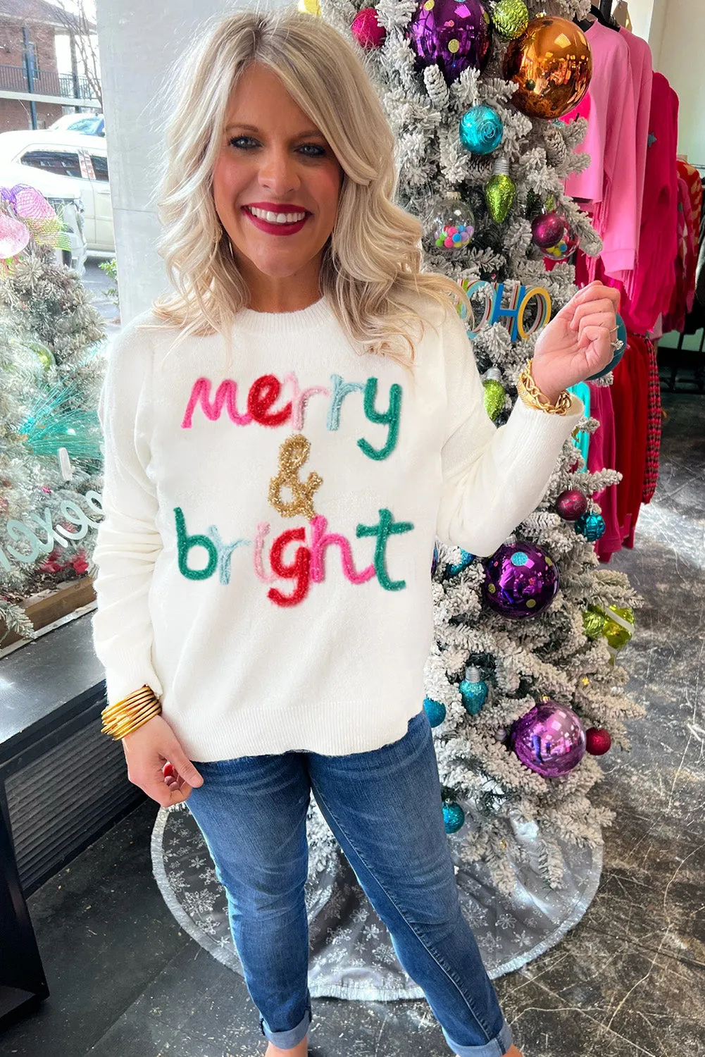 White Glitter Merry & Bright Round Neck Knit Sweater