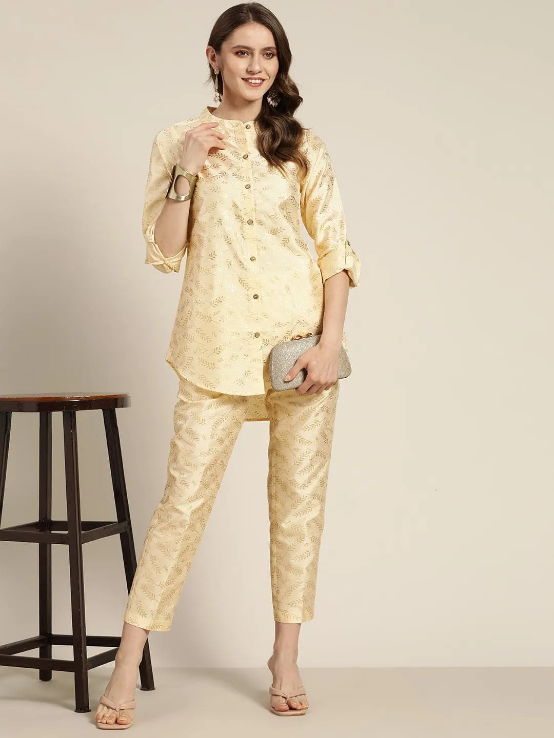 Women Beige Chanderi Gold Foil High Low Shirt