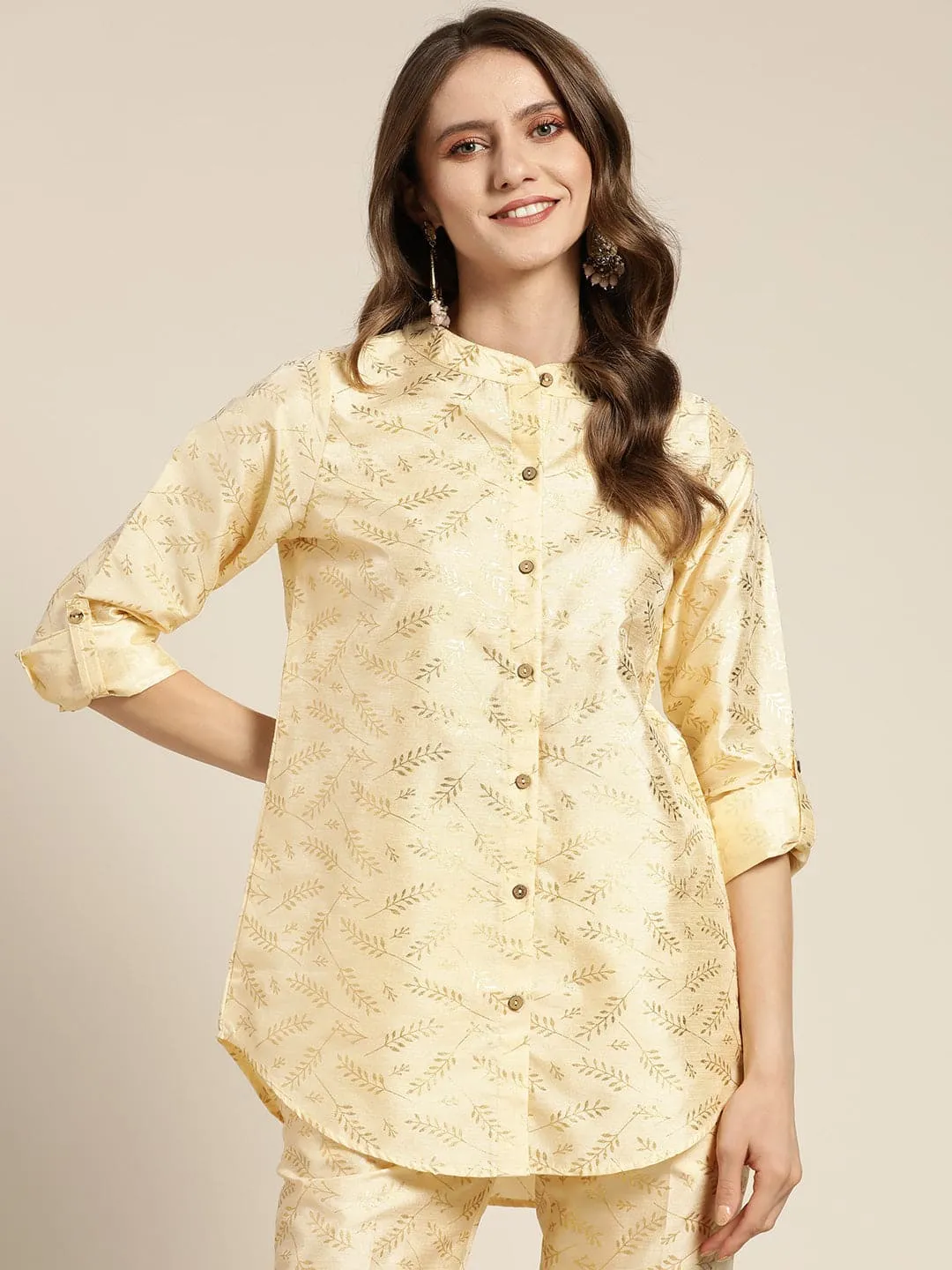 Women Beige Chanderi Gold Foil High Low Shirt