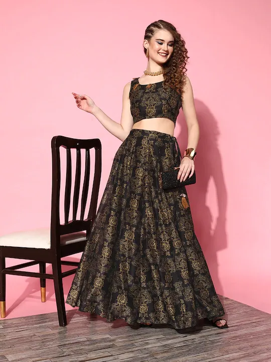 Women Black Floral Crop Top With Aanrakali Skirt