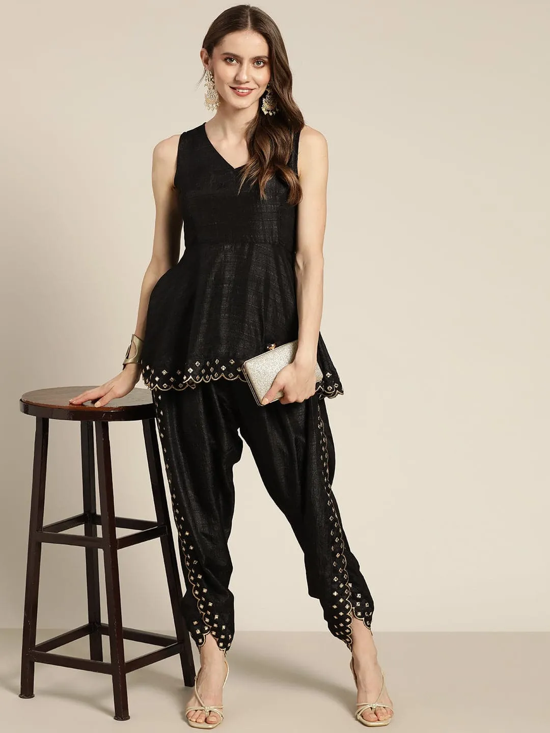 Women Black Mirror Embroidered Peplum Top