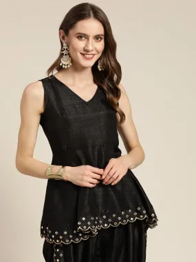 Women Black Mirror Embroidered Peplum Top