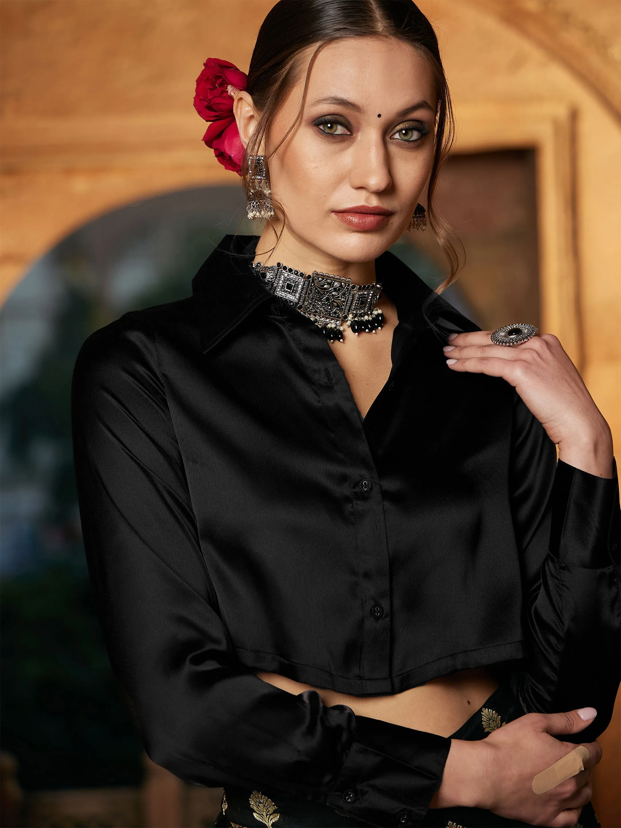 Women Black Satin Crop Shirt