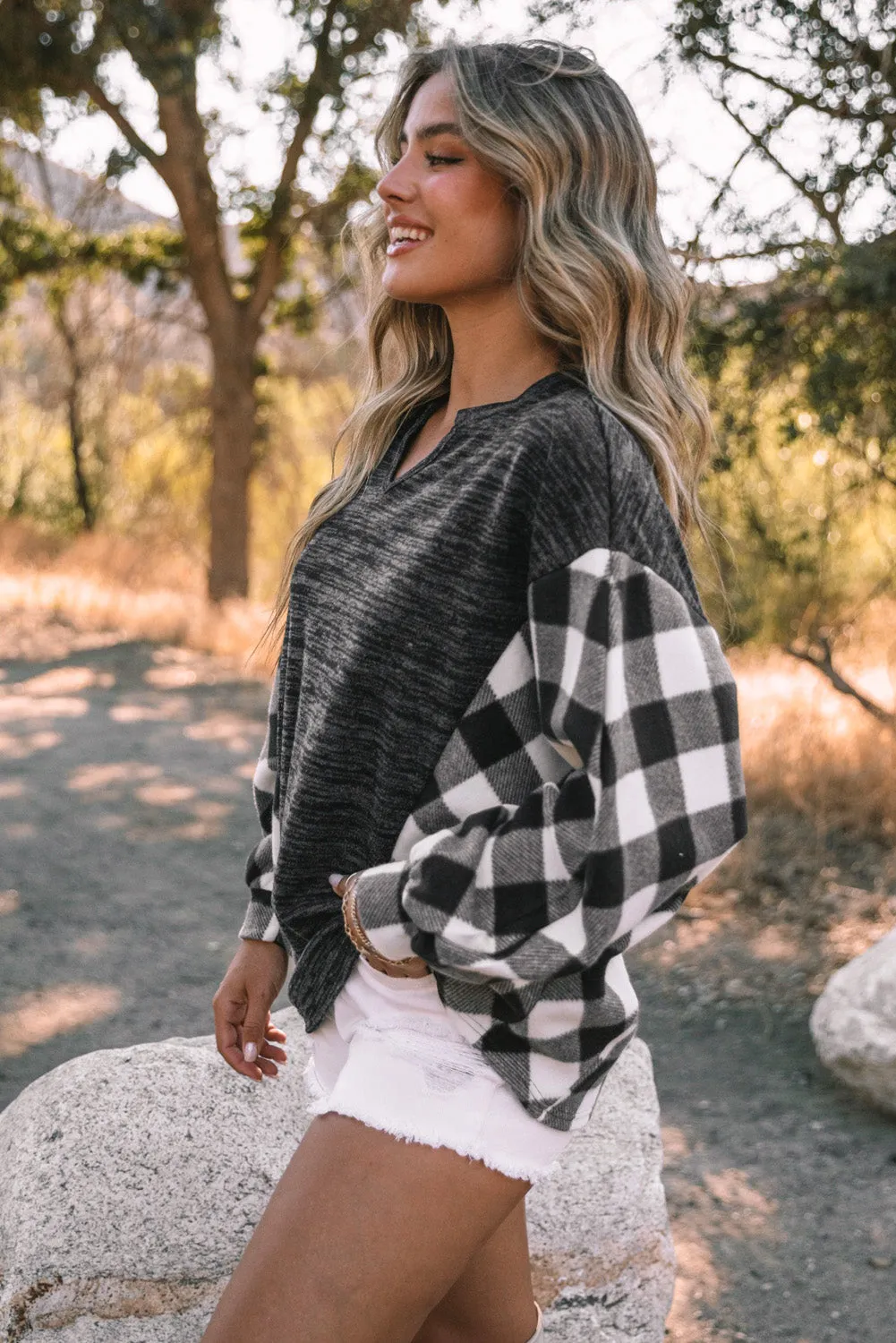 Women Buffalo Plaid Shirts Split Neck Knit Top