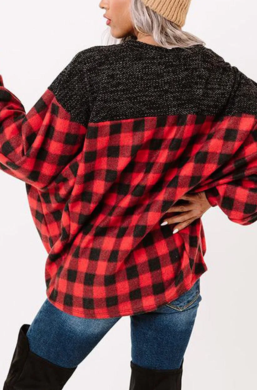 Women Buffalo Plaid Shirts Split Neck Knit Top