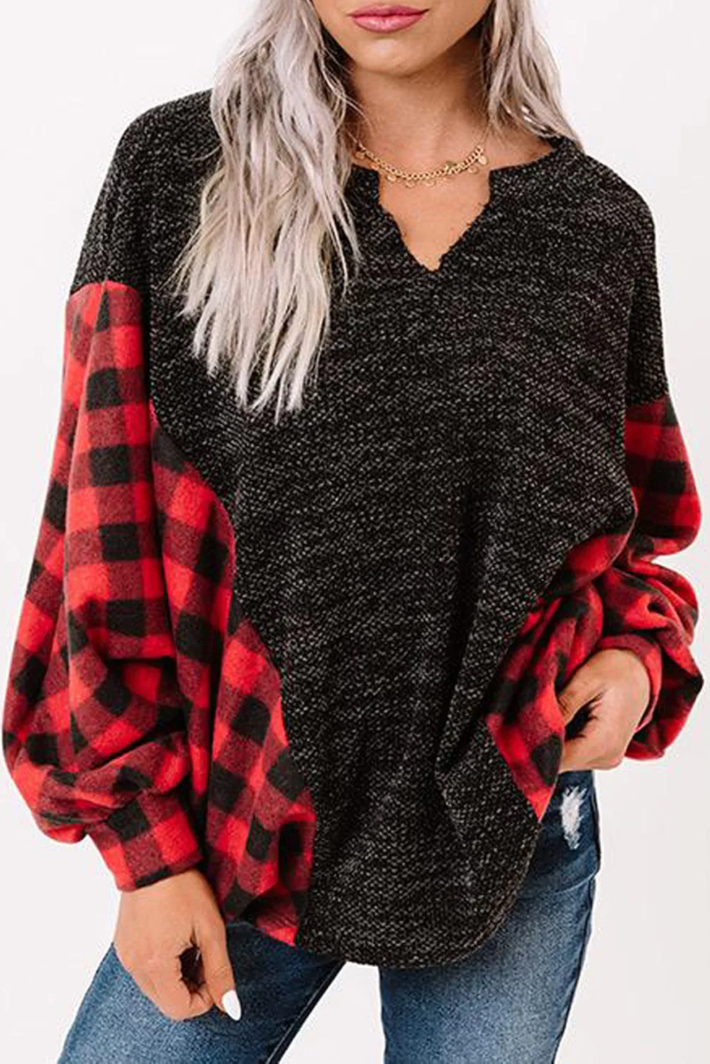 Women Buffalo Plaid Shirts Split Neck Knit Top