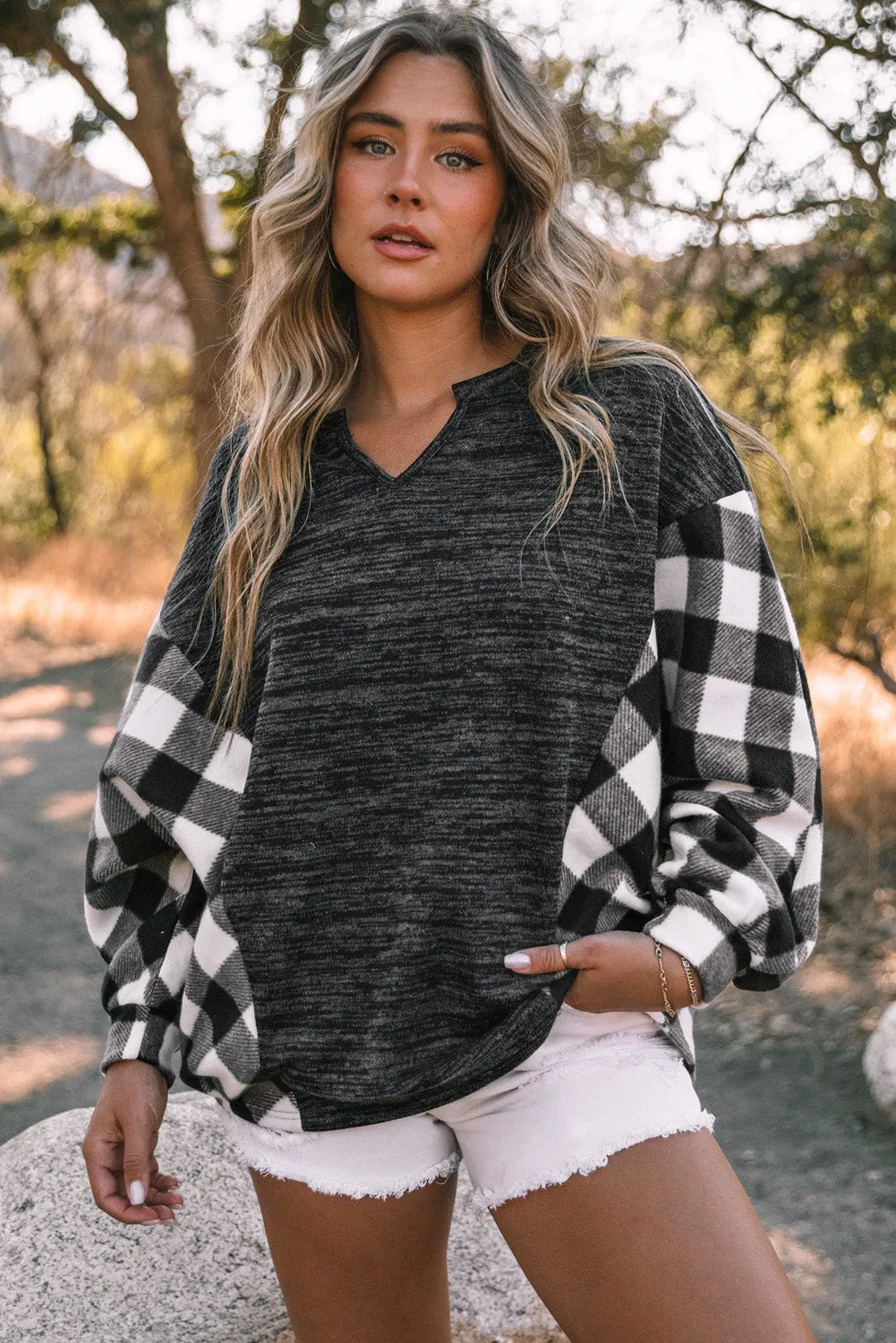 Women Buffalo Plaid Shirts Split Neck Knit Top