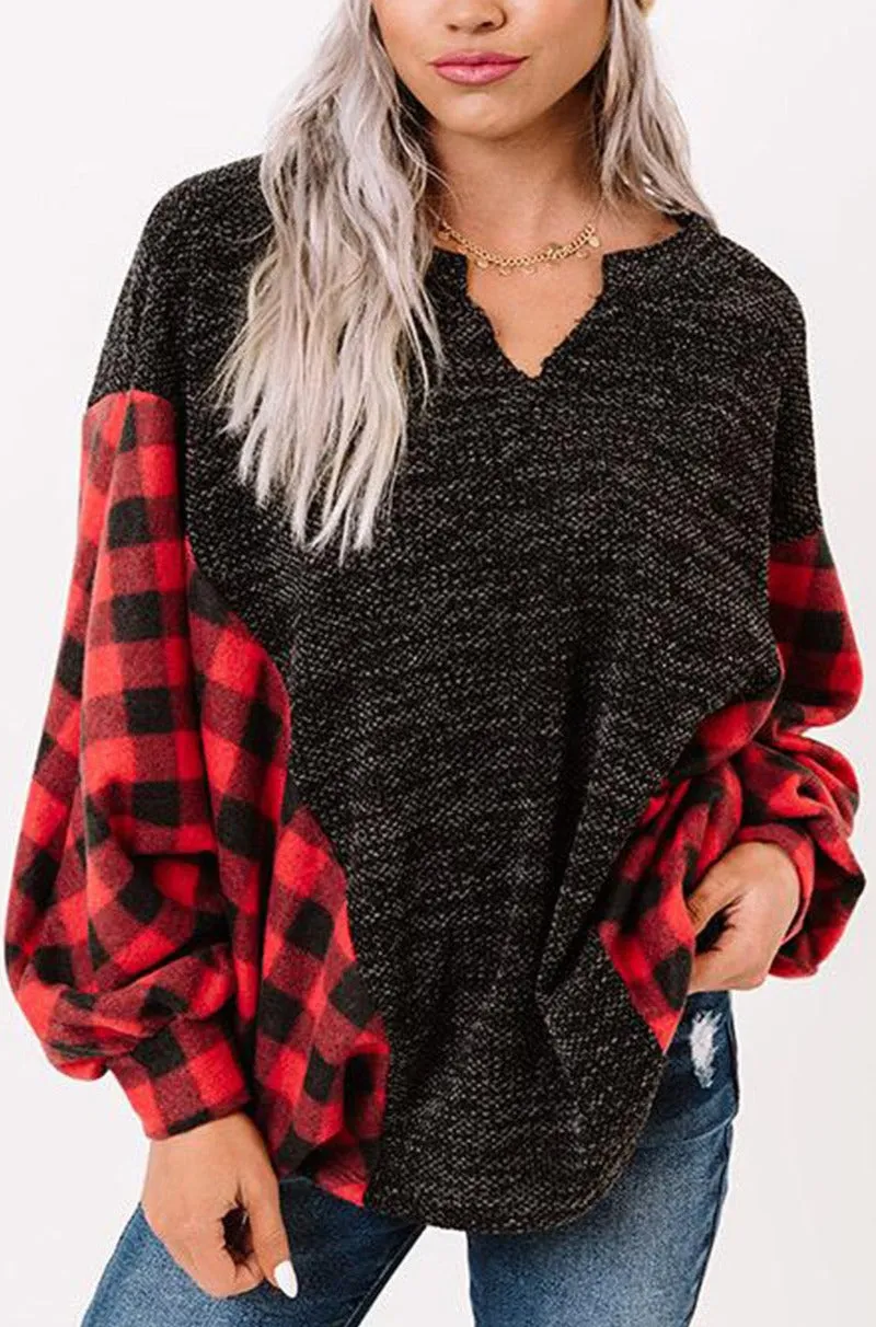 Women Buffalo Plaid Shirts Split Neck Knit Top