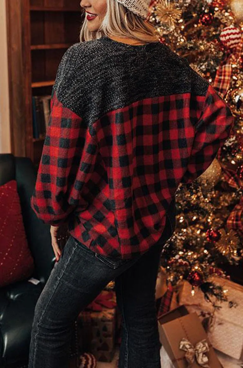 Women Buffalo Plaid Shirts Split Neck Knit Top