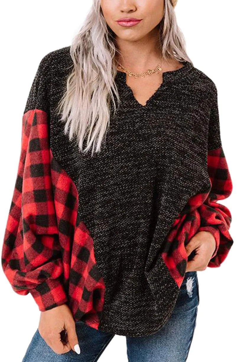 Women Buffalo Plaid Shirts Split Neck Knit Top