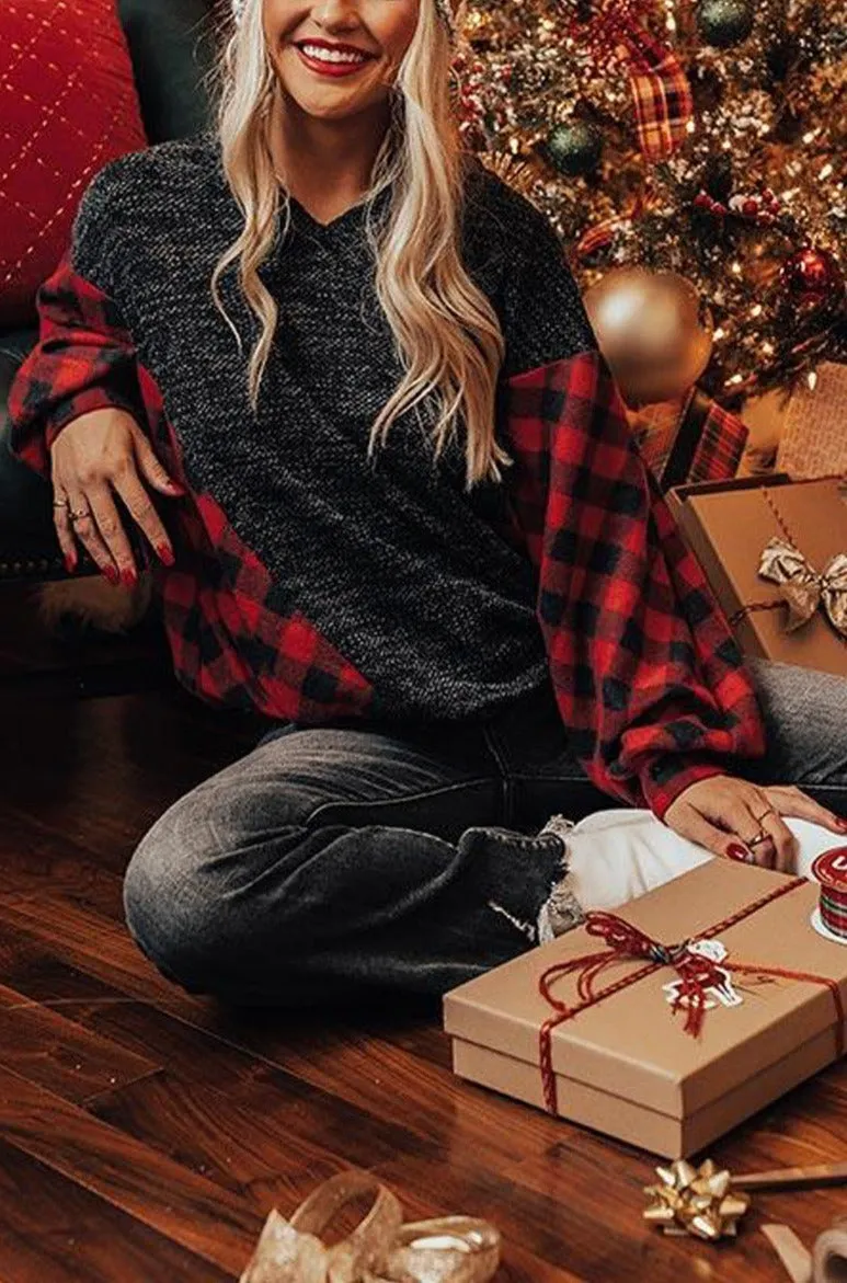 Women Buffalo Plaid Shirts Split Neck Knit Top