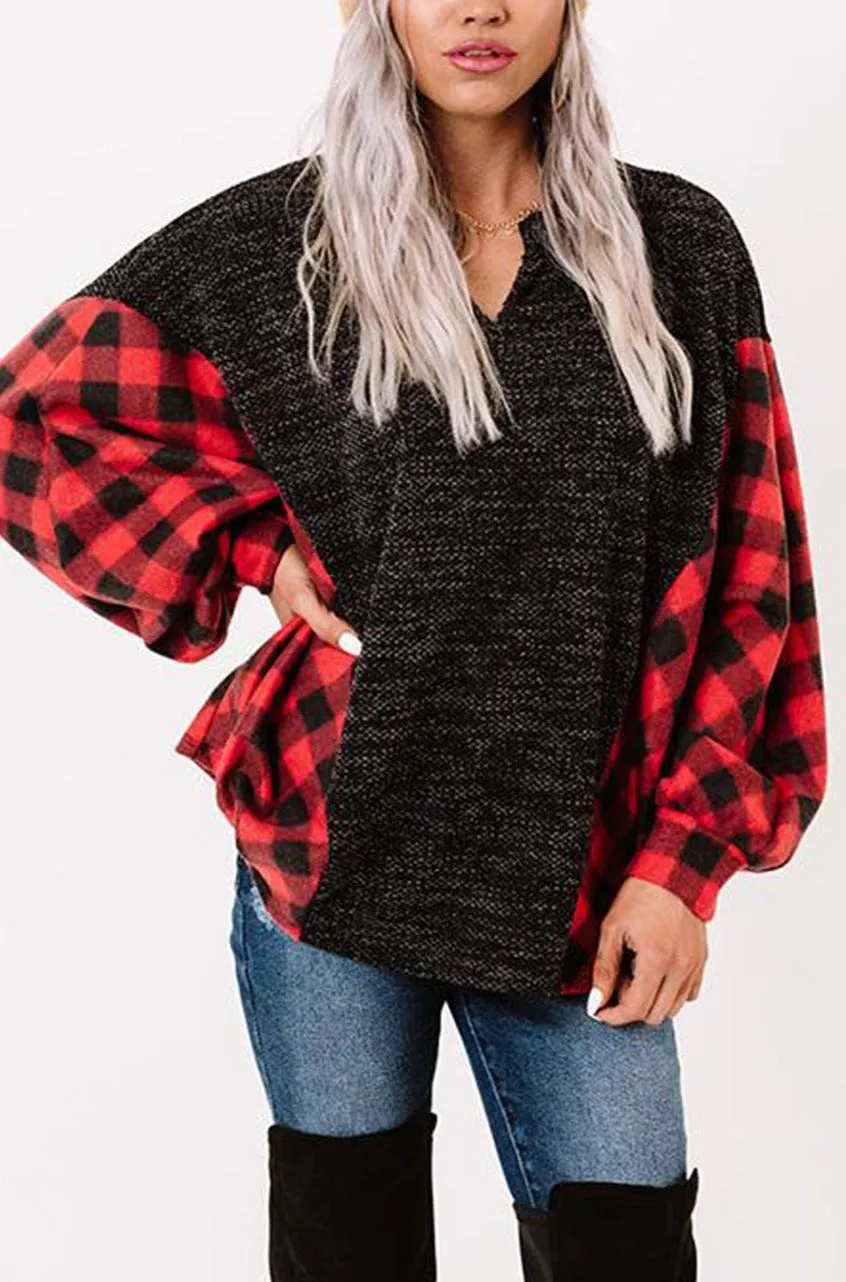 Women Buffalo Plaid Shirts Split Neck Knit Top