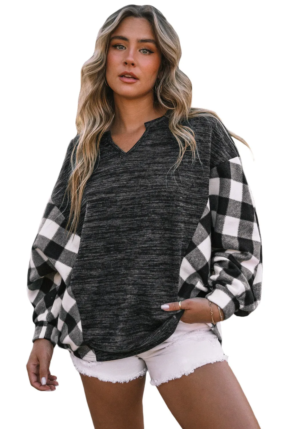 Women Buffalo Plaid Shirts Split Neck Knit Top