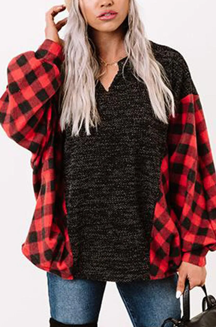 Women Buffalo Plaid Shirts Split Neck Knit Top