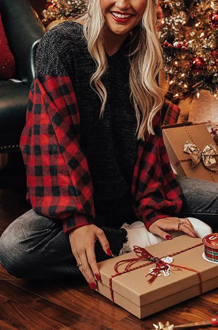 Women Buffalo Plaid Shirts Split Neck Knit Top