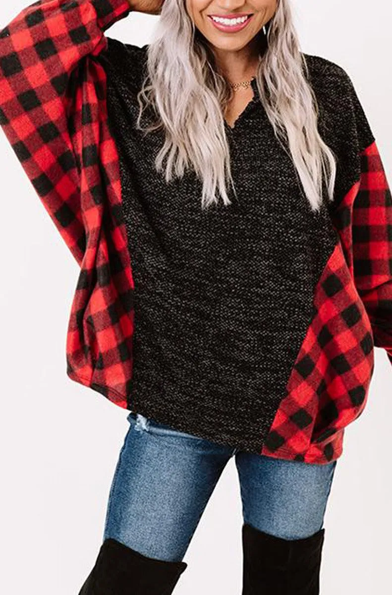 Women Buffalo Plaid Shirts Split Neck Knit Top