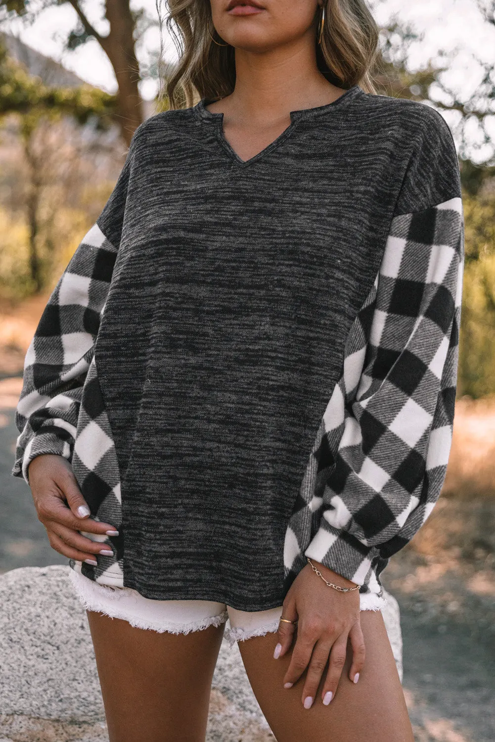 Women Buffalo Plaid Shirts Split Neck Knit Top