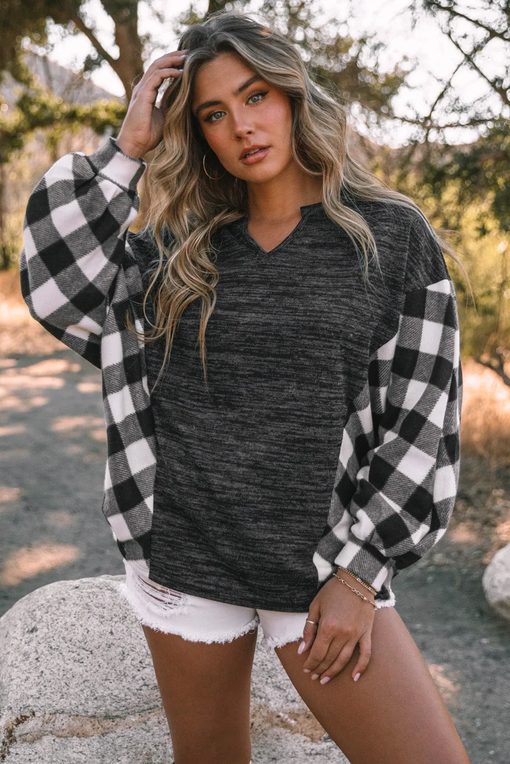 Women Buffalo Plaid Shirts Split Neck Knit Top