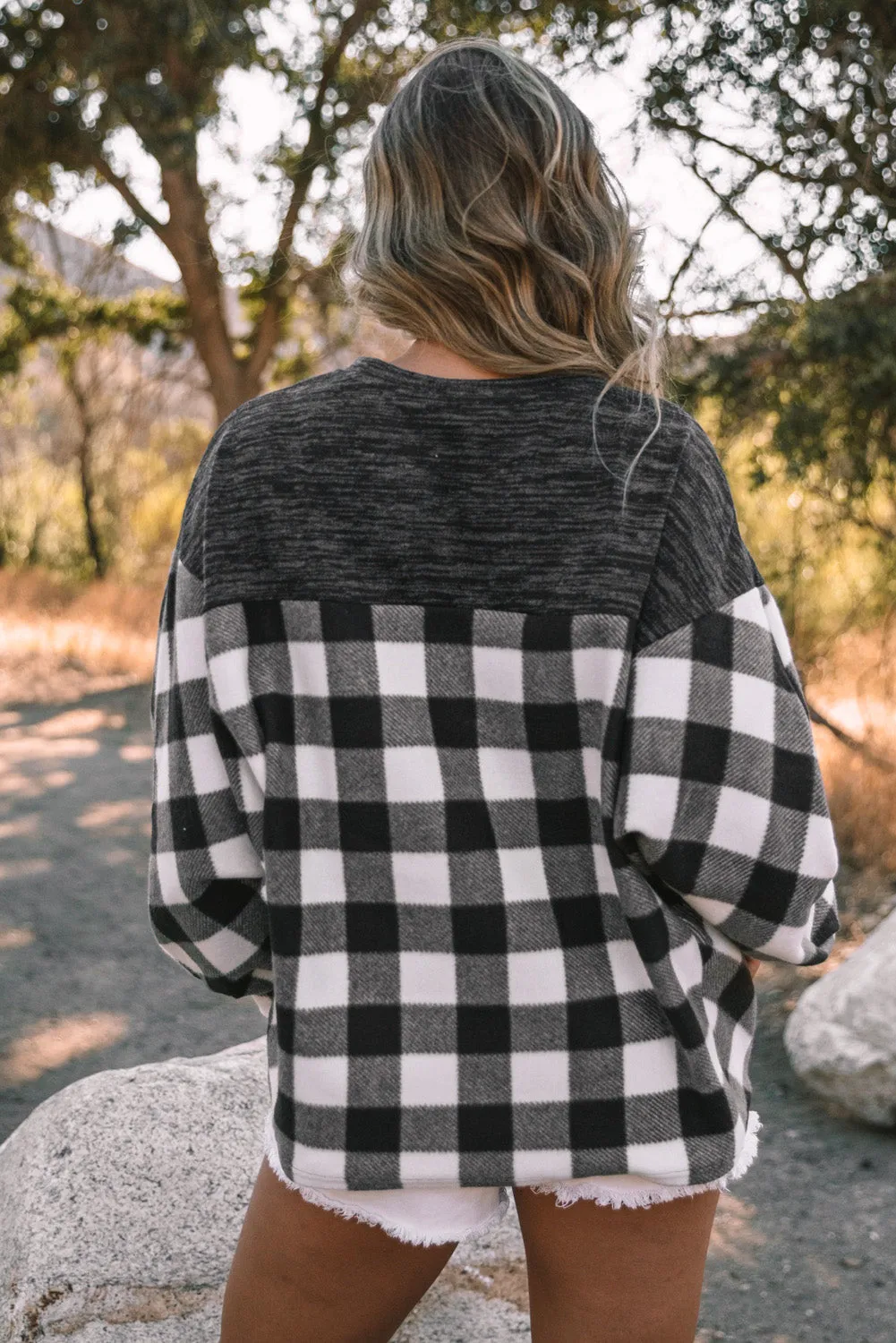 Women Buffalo Plaid Shirts Split Neck Knit Top