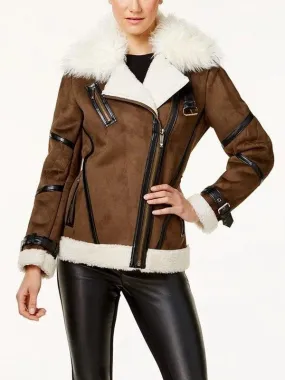 Womens Brown Asymmetrical Shearling Leather Jacket