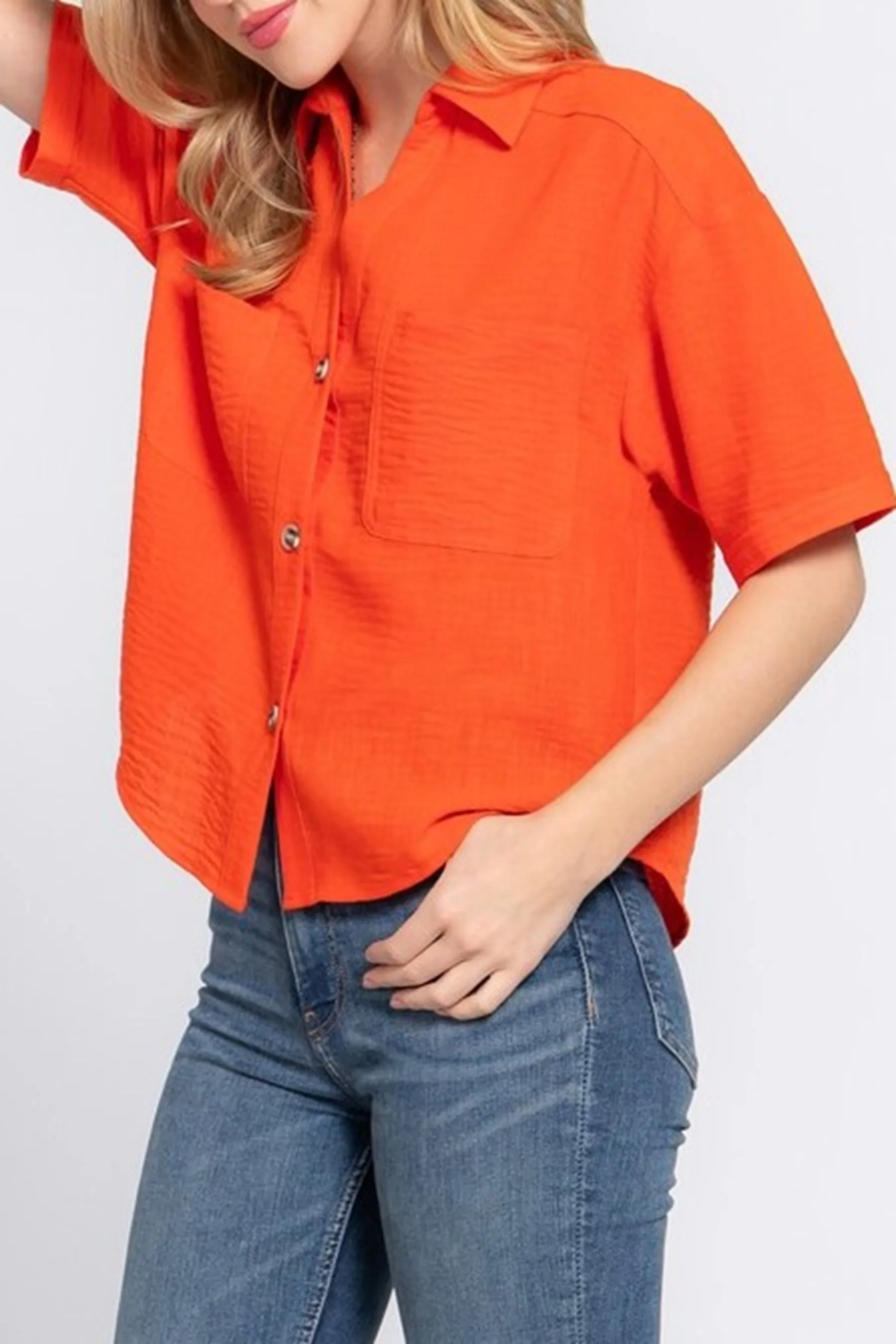 Women's Casual Short Sleeve Button Down Linen Effect Shirt