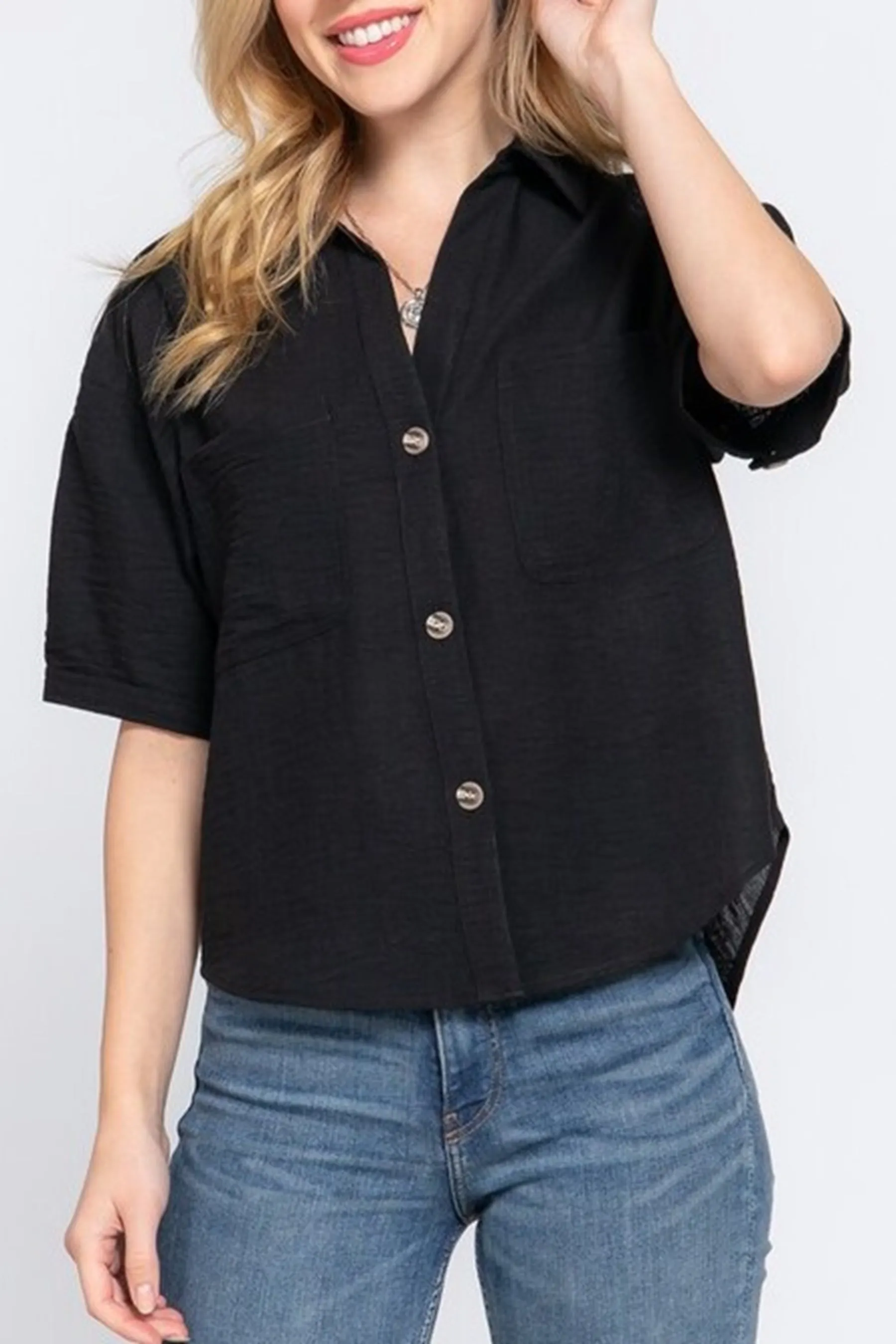 Women's Casual Short Sleeve Button Down Linen Effect Shirt