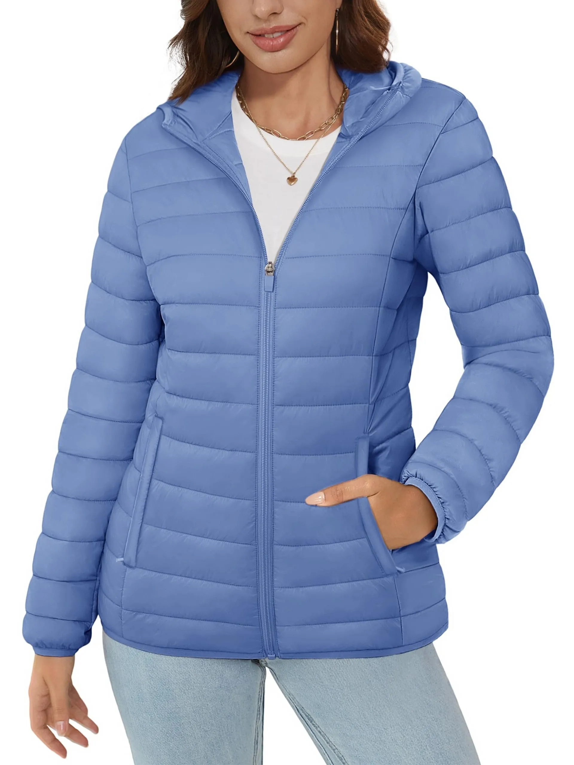 Women's Hooded Puffer Jacket - Water Resistant, Quilted, Padded, Lightweight, Zip-up, 4 Pockets, Casual, Solid, Warm, Fall, Windproof, Hiking, Outdoor, Fishing, Winter Camping Outerwear