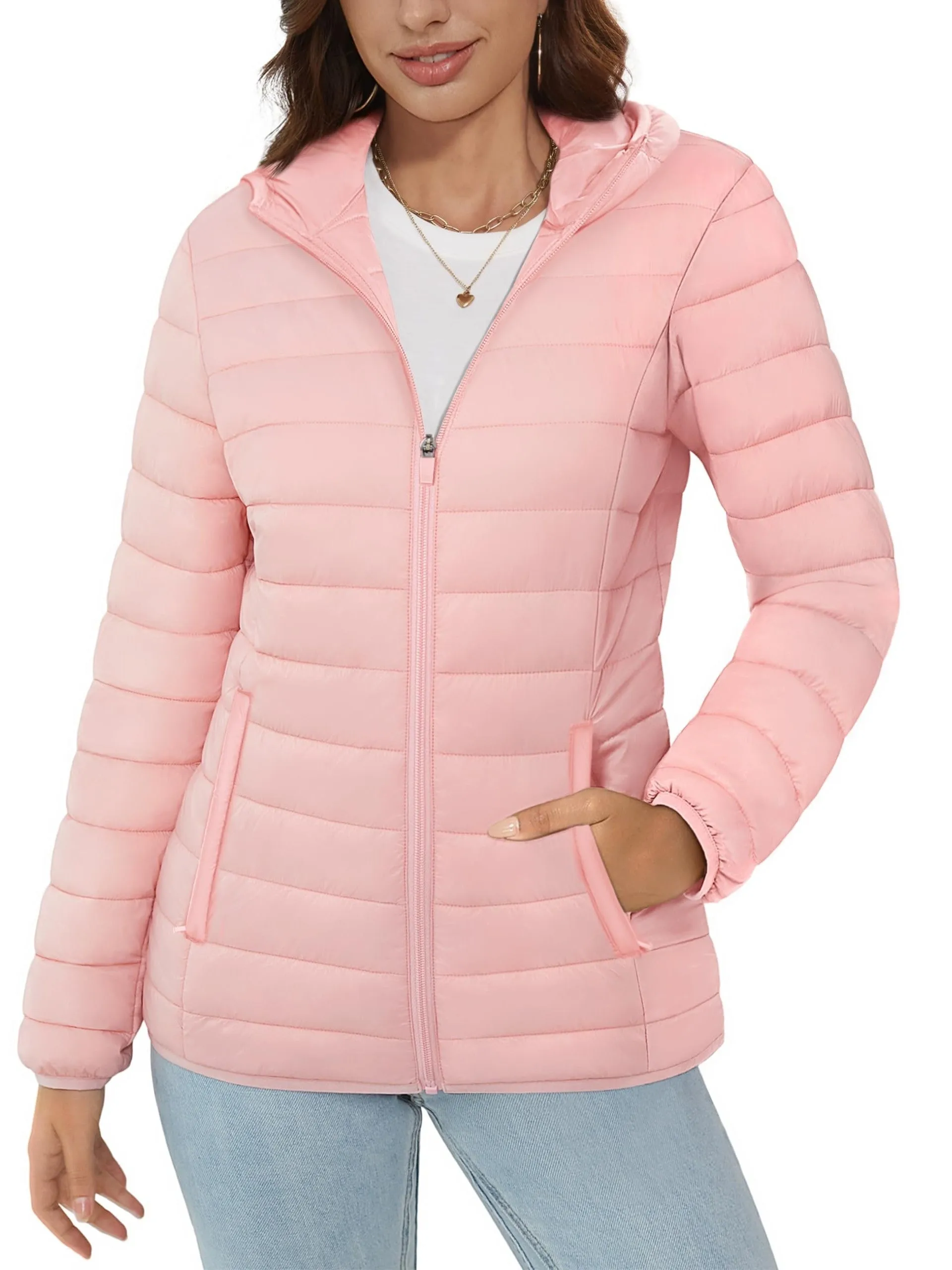 Women's Hooded Puffer Jacket - Water Resistant, Quilted, Padded, Lightweight, Zip-up, 4 Pockets, Casual, Solid, Warm, Fall, Windproof, Hiking, Outdoor, Fishing, Winter Camping Outerwear