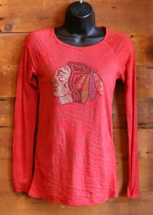 Women's Long Sleeve Chicago Blackhawks Red with Sparkle Logo