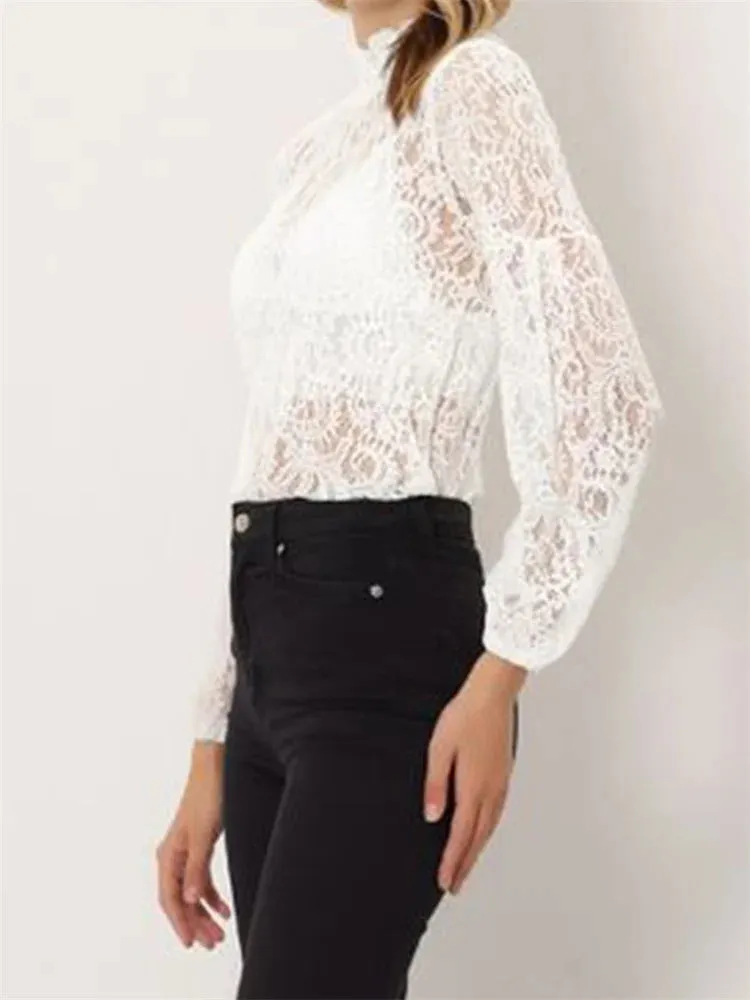 Women's Long Sleeve Turtleneck Lace Mesh See-through Slim Solid Clubwear Tops Blouse