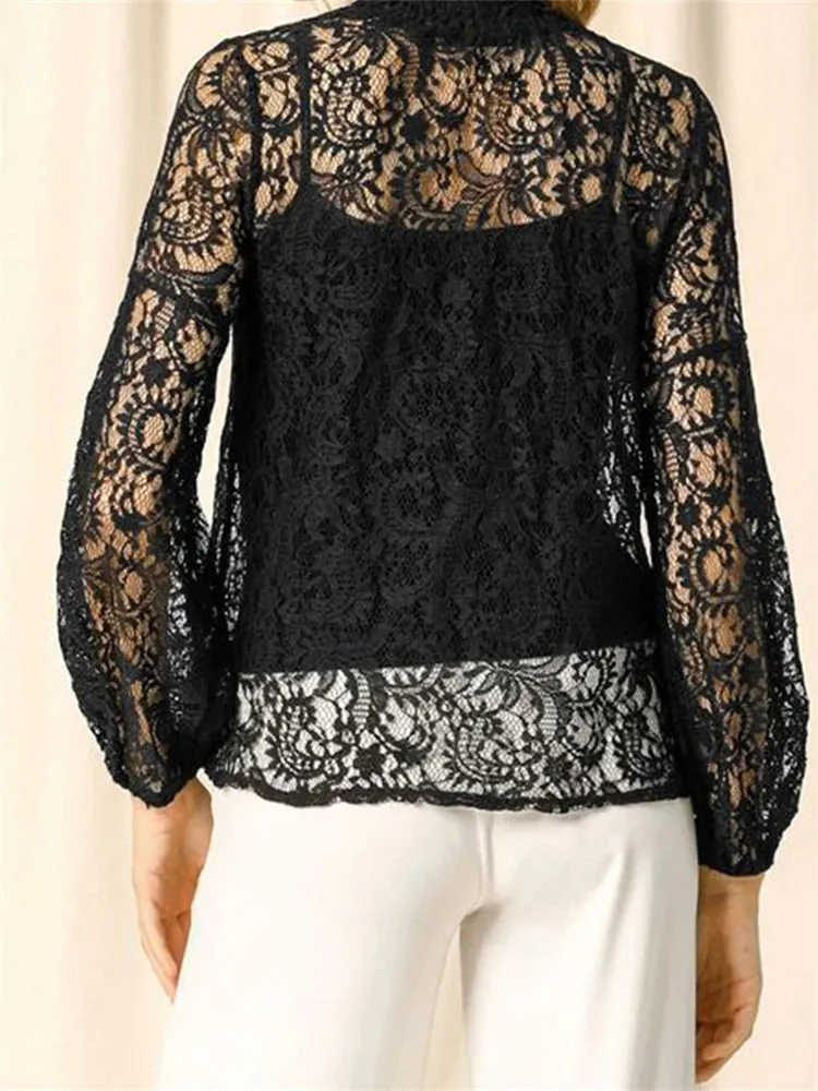 Women's Long Sleeve Turtleneck Lace Mesh See-through Slim Solid Clubwear Tops Blouse