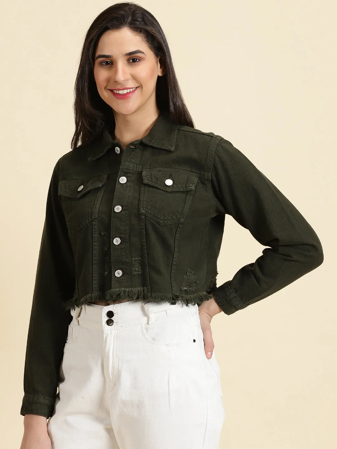 Women's Olive Solid Open Front Jacket