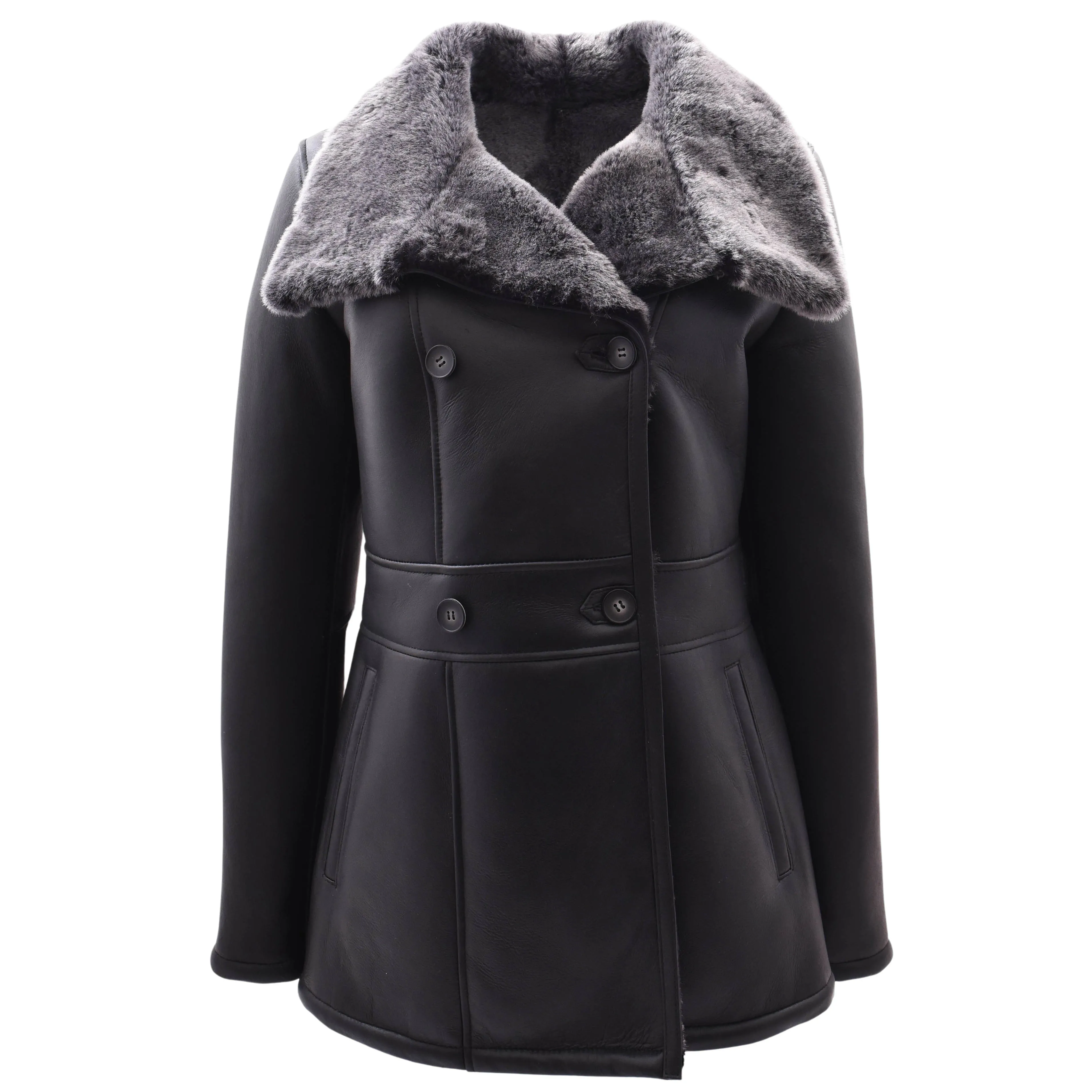 Womens Sheepskin Black Brisa Double Breasted Coat Bonnie