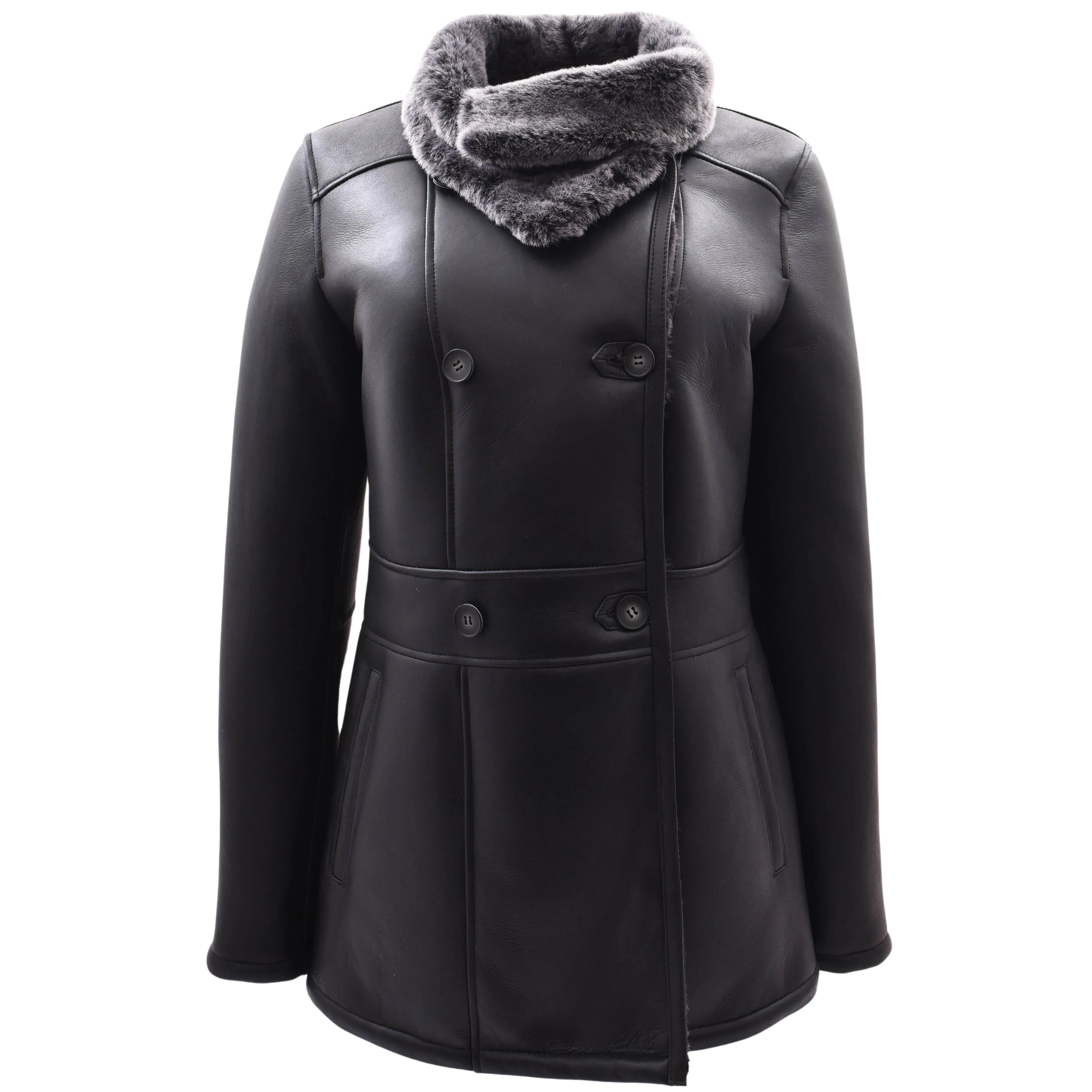 Womens Sheepskin Black Brisa Double Breasted Coat Bonnie