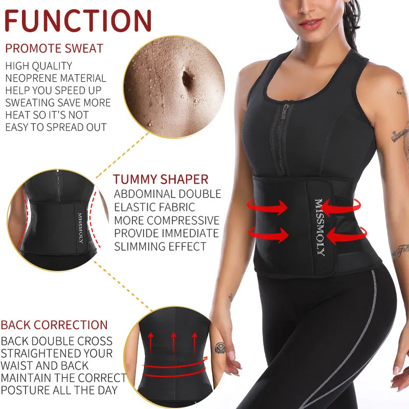 Women's Waist Trainer Corset Trimmer Belt Neoprene Sauna Sweat Suit Zipper Body Shaper with Adjustable Workout Tank Tops