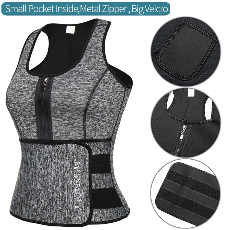 Women's Waist Trainer Corset Trimmer Belt Neoprene Sauna Sweat Suit Zipper Body Shaper with Adjustable Workout Tank Tops